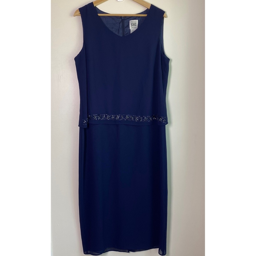 VTG R&M Richards Karen Kwong Navy Blue Beaded Popover Shift Dress SZ 16 Chiffon